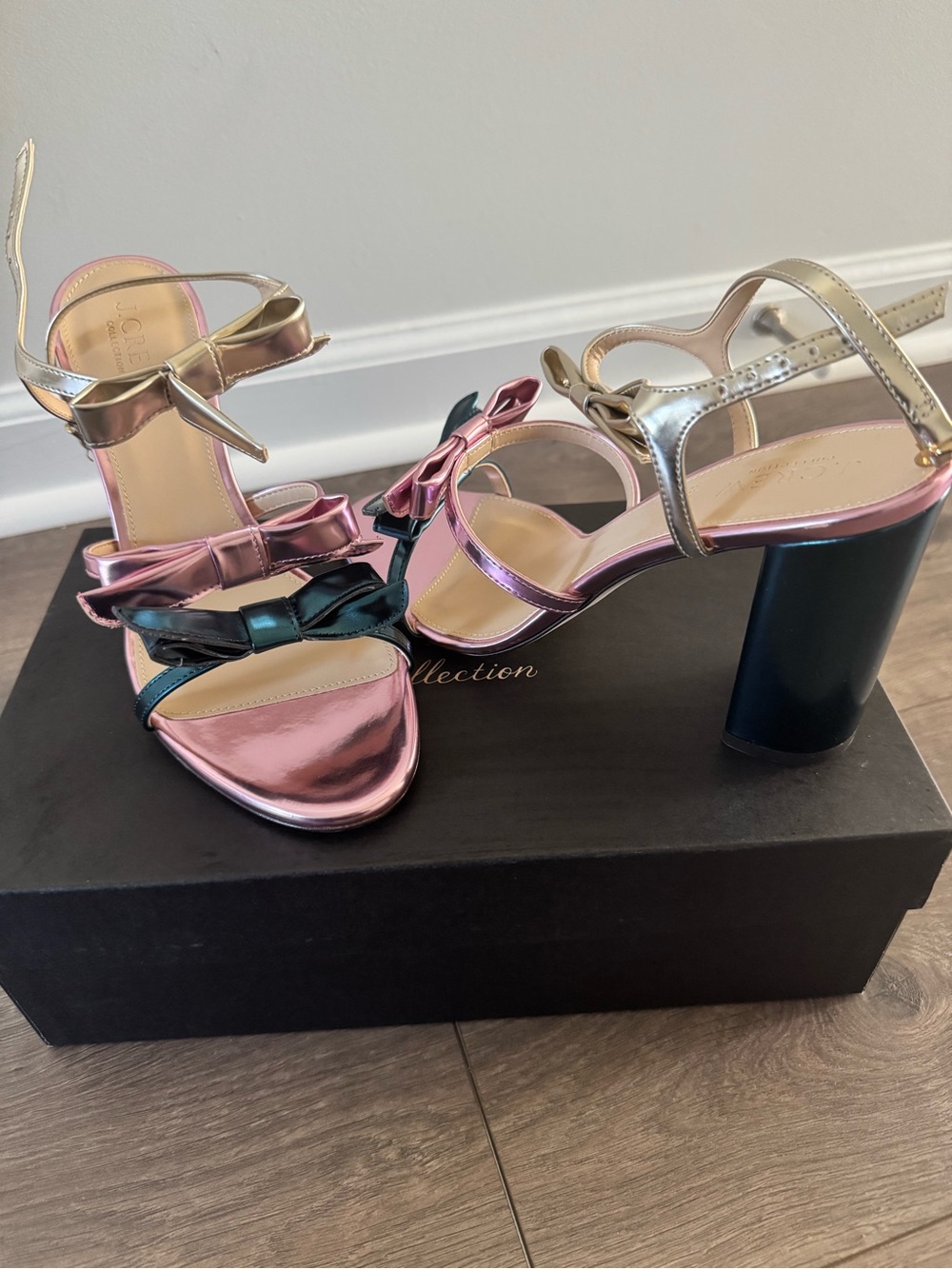 J. Crew Metallic Multi-Color Bow Strap Block Heels - Picture 2 of 6